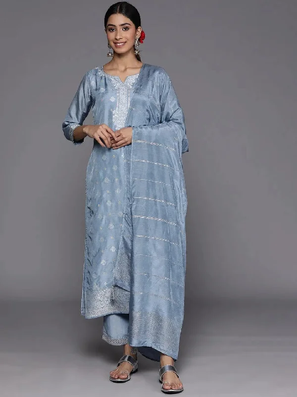 Grey Self Design Silk Blend Straight Kurta With Trousers & Dupatta Trousers Wedding White