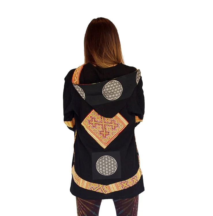 Tribal Flower of Life Jacket with a back patch in Black Print Jacket Jacquard Jacket Embroidered Jacket