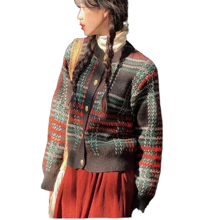 2024 Spring  ladies long sleeve elegant cardigan classic crew neck plaid high quality sweater coat Spandex Rayon Corduroy