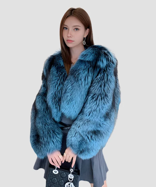 Women's Blue Dyed Silver Fox Fur Jacket Faux Fur Fabric Real Fur Fabric Shearling Fabric