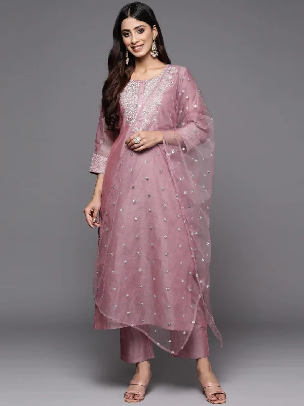 Varanga Women Mauve Zari Yoke Design Chanderi Silk Kurta with Trousers & Dupatta Trousers Running Lightweight