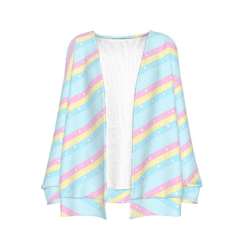 Teatime Fantasy Blue Rainbow Open Front Cardigan Elasticated Padded Insulated