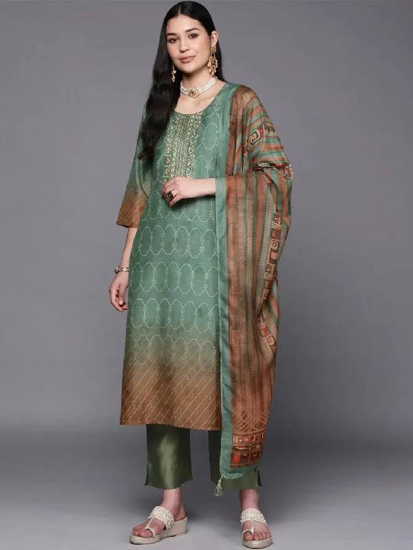 Green Yoke Design Silk Blend Straight Kurta With Trousers & Dupatta Trousers Capri Summer