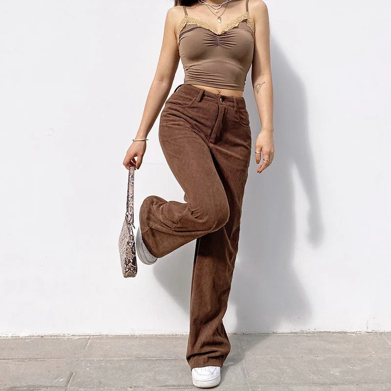 Retro Solid Corduroy High Waist Wide Leg Pants (5 colors) Classic Cropped Pants