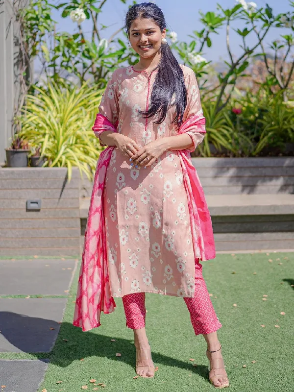 Pink Printed Silk Blend Straight Kurta With Trousers & Dupatta Trousers Yoga Stretchy