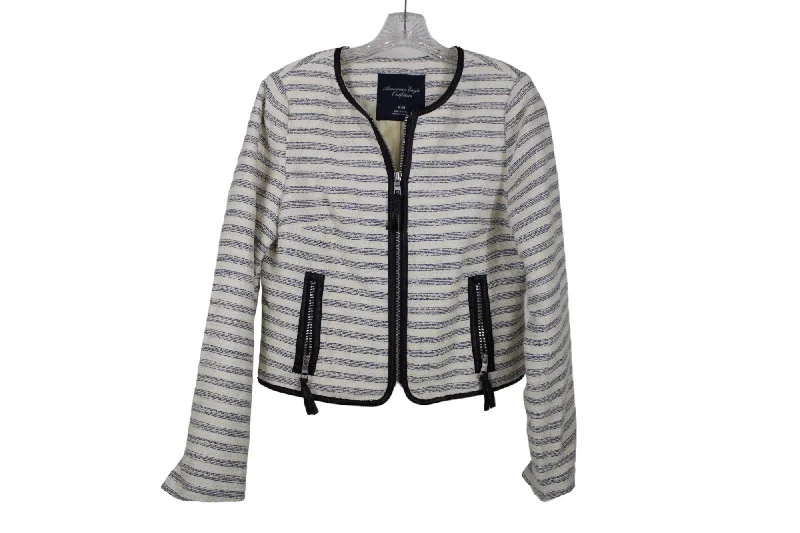 American Eagle Cream Blue Striped Jacket | M Boat Neck Shawl Collar Notched Collar