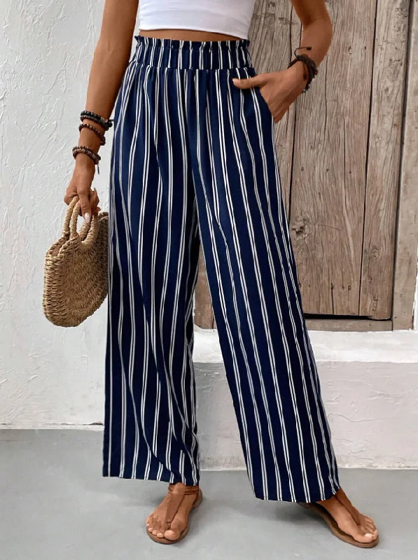 Navy Blue Striped Smocked Waistband Wide Leg Pants Cozy Fitted Pants