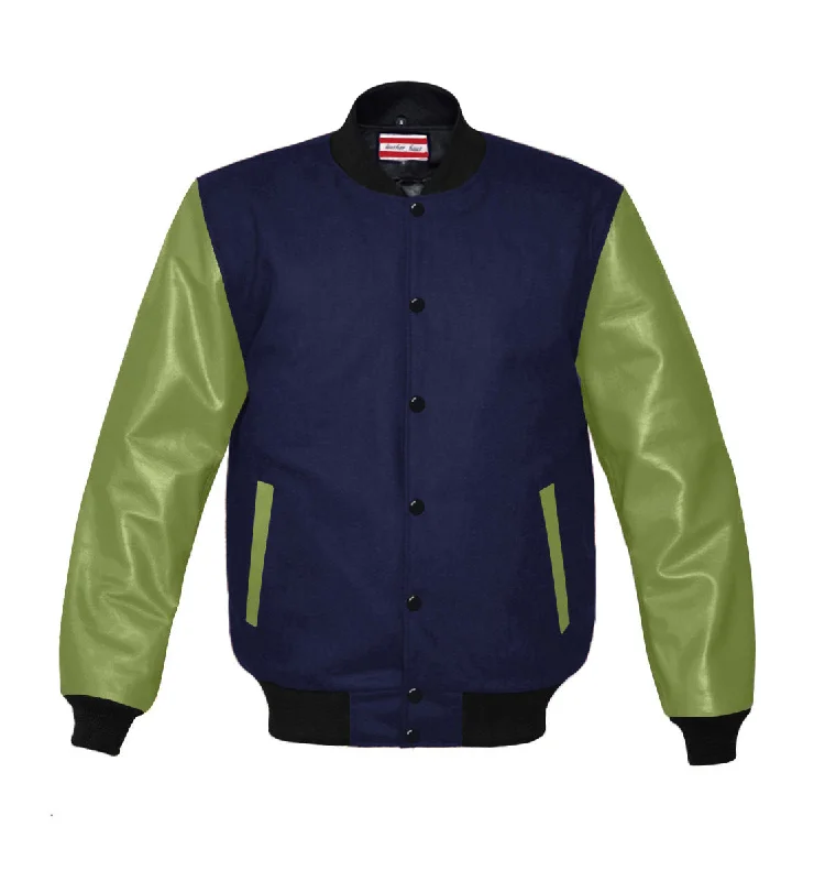 Original American Varsity Green Leather Sleeve Letterman College Baseball Women Wool Jackets #GRSL-BSTR-BB-BBAND Stand-Up Collar Roll-Neck Collar Turtle Neck