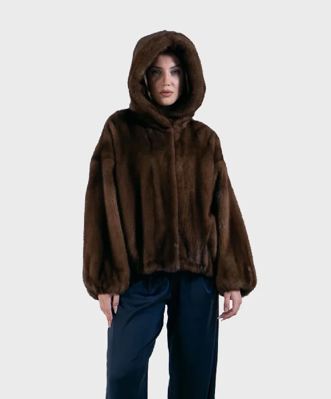 Women’s ‘Brown’ Hooded Mink Fur Jacket Denim Jacket Leather Jacket Suede Jacket