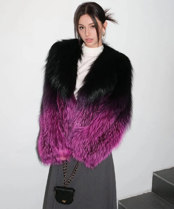 Women's Hot Pink & Black Gradient Silver Fox Fur Jacket Cotton Fabric Linen Fabric Terry Fabric