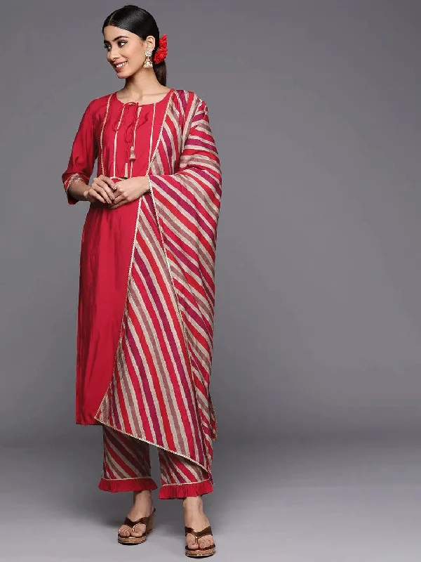 Red Yoke Design Silk Blend Straight Kurta With Trousers & Dupatta Trousers Occasion Special