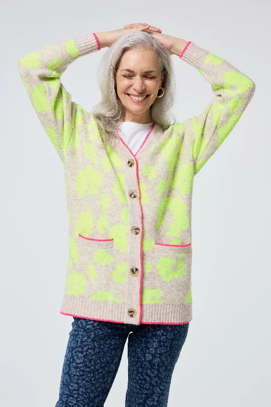 Oatmeal with Neon Yellow Mega Leopard Longline Jacquard Cardigan Mesh Cardigan Canvas Denim