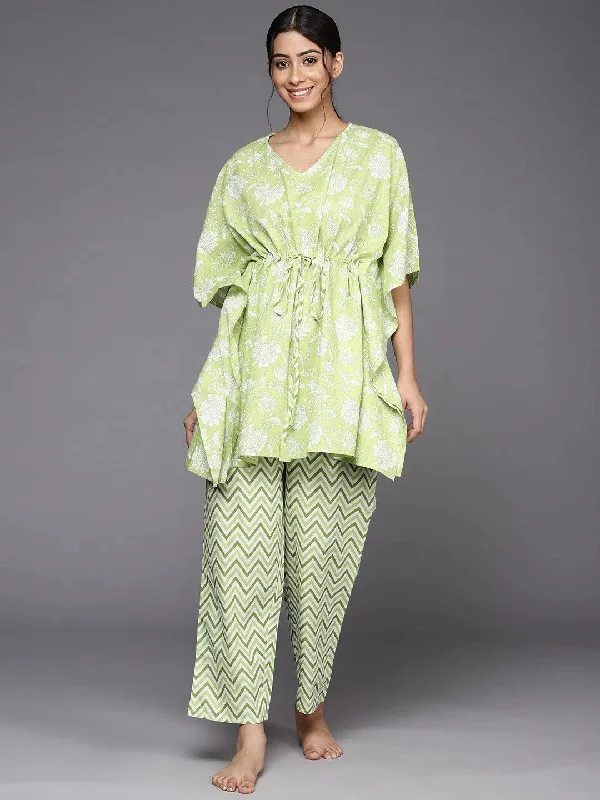 Green Printed Cotton Kaftan Kurta With Trousers Trousers Harem Relaxed Fit