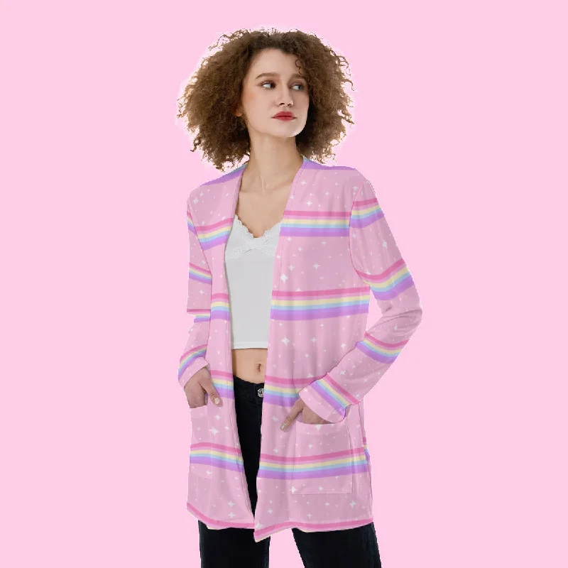 Kawaii Sparkle Cake Rainbow Beam Open Front Lightweight Cardigan With Pockets Boat Neck Shawl Collar Notched Collar