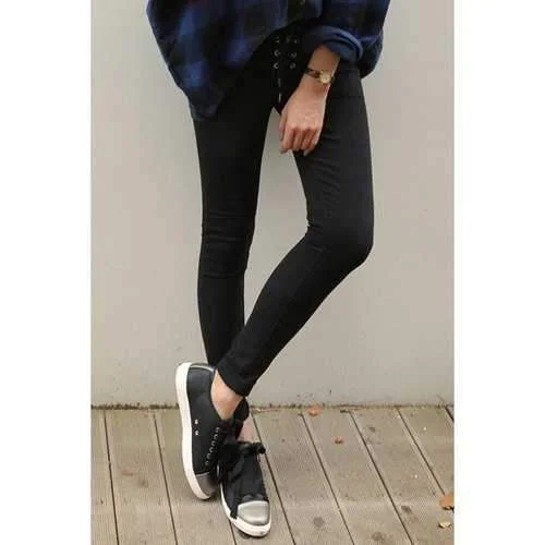 Stylish Slimming Solid Color Lacing Pencil Pants For Women - Black M Trendy Printed Pants