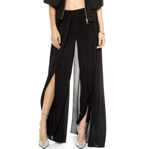 Fashionable Solid Color High Slit Elastic Waist Pants For Women - Black S Lightweight Jogger Pants