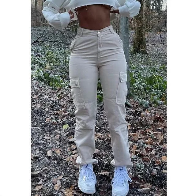 High Waist Multi Pocket Lady Pants Comfortable Pleated Pants