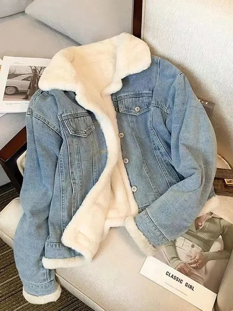 Winter Fleece Thicken Denim Jacket Women Loose Oversized Casual Warm Jeans Coats Wear Fur Collar Long Sleeves Female Clothes Corduroy Jacket Velvet Jacket Brocade Jacket