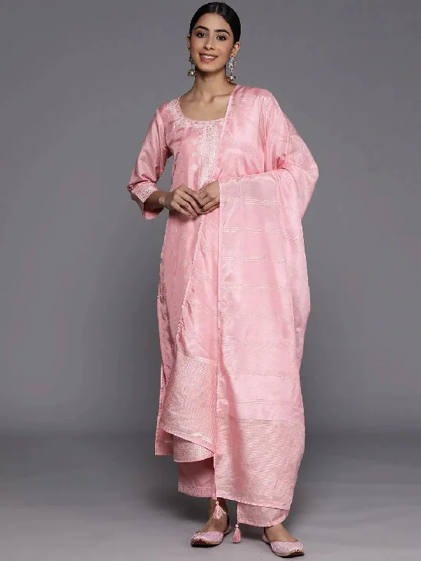 Pink Self Design Silk Blend Straight Kurta With Trousers & Dupatta Trousers Party Sparkling