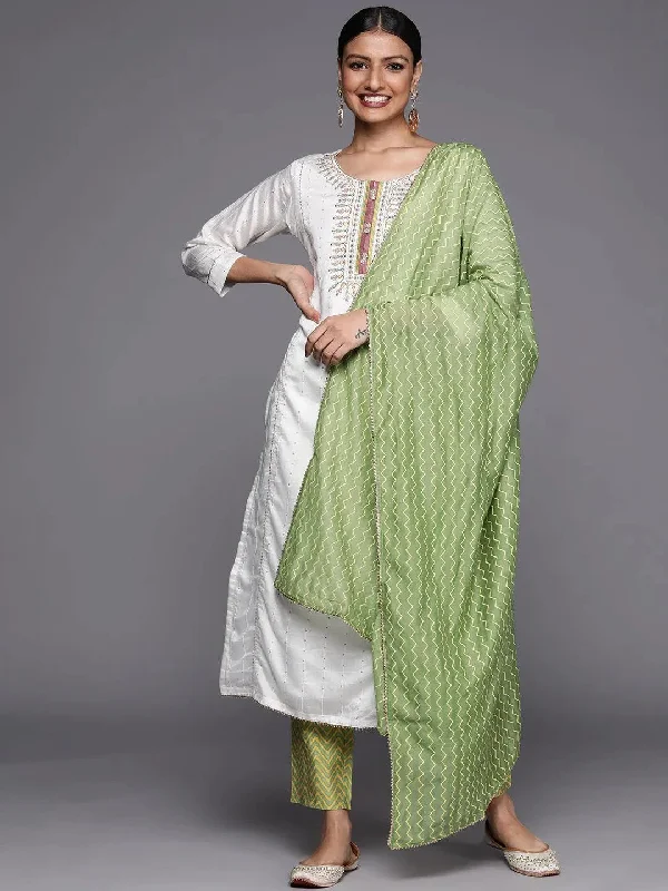 Cream Embroidered Chanderi Silk Straight Kurta With Trousers & Dupatta Trousers sophisticated sleek