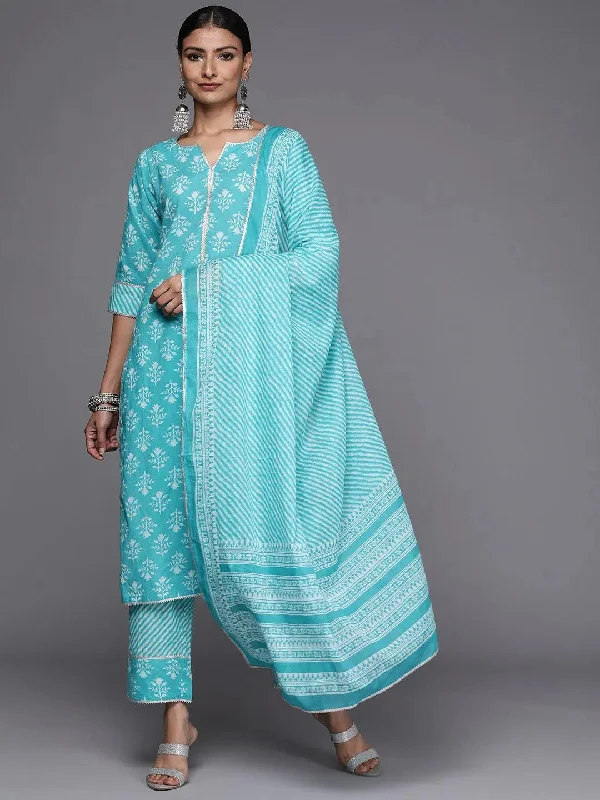 Blue Printed Cotton Straight Kurta With Trousers & Dupatta Trousers Winter Warm