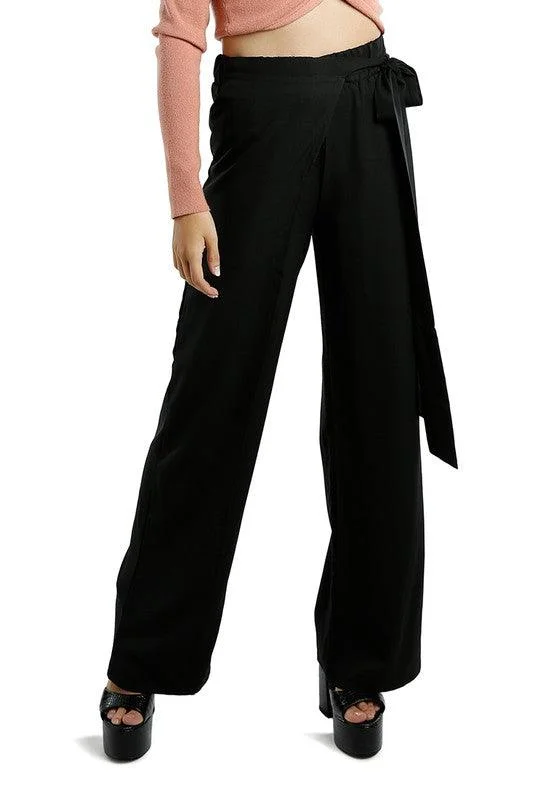 Belted Tie Wide Leg Pants Warm Wool Trousers