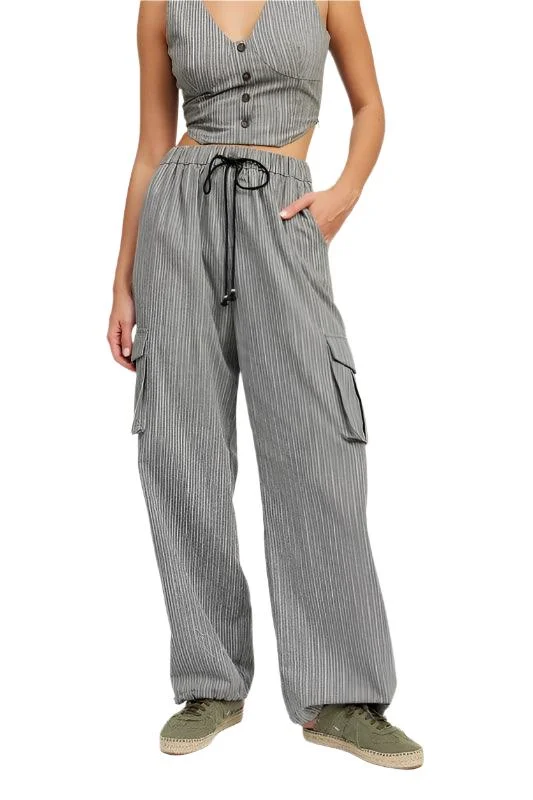 Pinstripe Cargo Pants With Waist Drawstring Chic Black Leggings