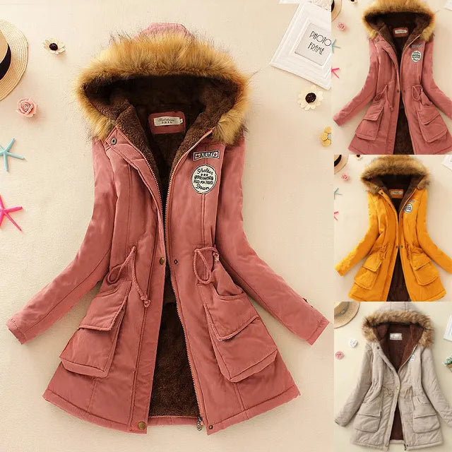 Brand Dark Pink Women's Jacket Overcoat Winter Warm Fur Hooded Coat 15 Solid Colors Thick Parkas Female Outerwear Ladies Tops Rayon Fabric Velvet Fabric Corduroy Fabric