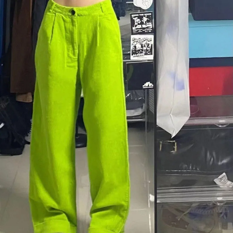 Fluorescent Green Corduroy High Waist Wide Leg Pants Cozy Maternity Pants