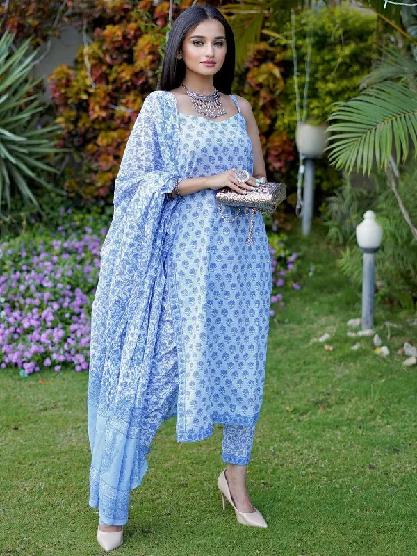 Blue Printed Cotton Straight Kurta With Trousers & Dupatta Trousers versatile all-occasion