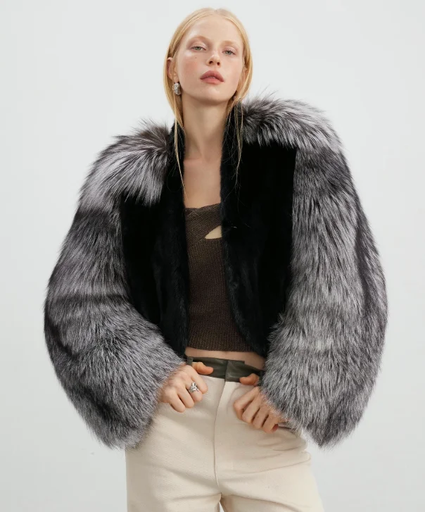 Women's Blackglama Mink & Silver Fox Jacket Oversized Jacket Tailored Jacket Straight Jacket