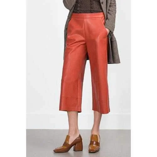 Stylish Orange PU Leather Spliced Women's 3/4 Palazzo Pants - Orange M Casual Yoga Pants