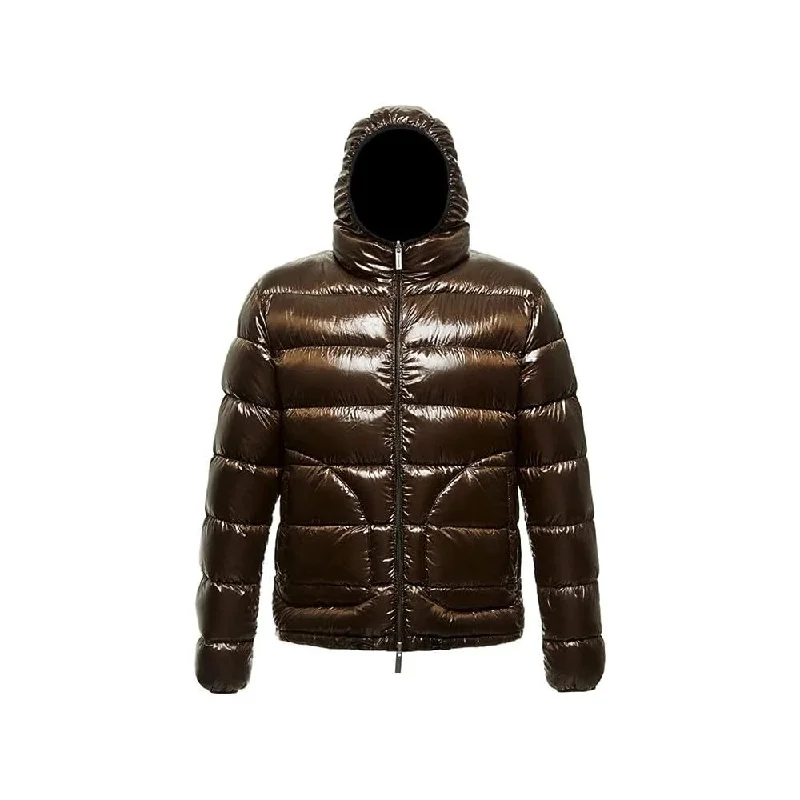 Reversible Hooded Down Jacket In Brown And Black Tiered Jacket Buttoned Jacket Zippered Jacket