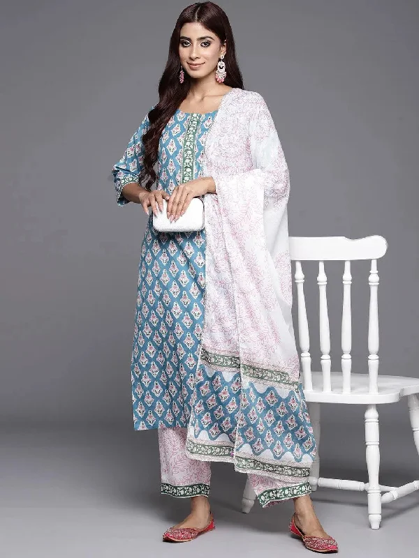 Blue Printed Cotton Straight Kurta With Trousers & Dupatta Trousers Elastic Waist Soft