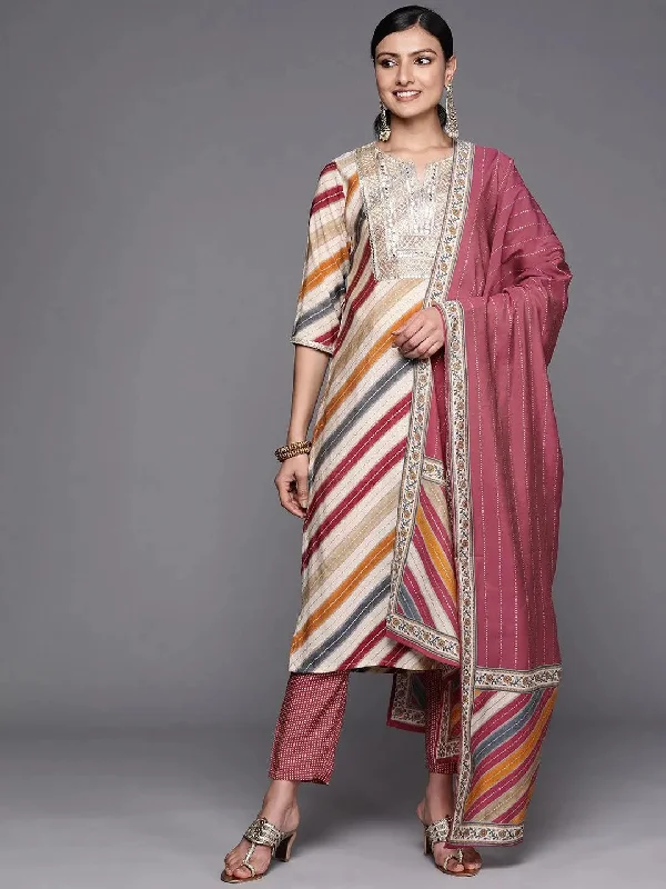 Multicoloured Yoke Design Silk Blend Straight Kurta With Trousers & Dupatta Trousers Bridal Satin