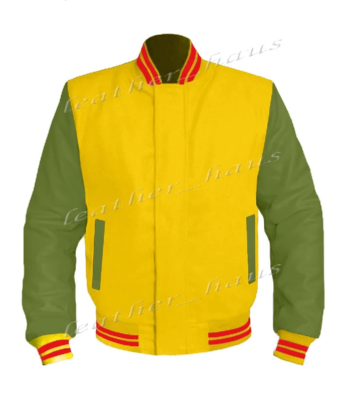 Original American Varsity Green Leather Sleeve Letterman College Baseball Women Wool Jackets #GRSL-RSTR-BZ V-Neck Jacket Boat Neck Jacket Square Neck Jacket