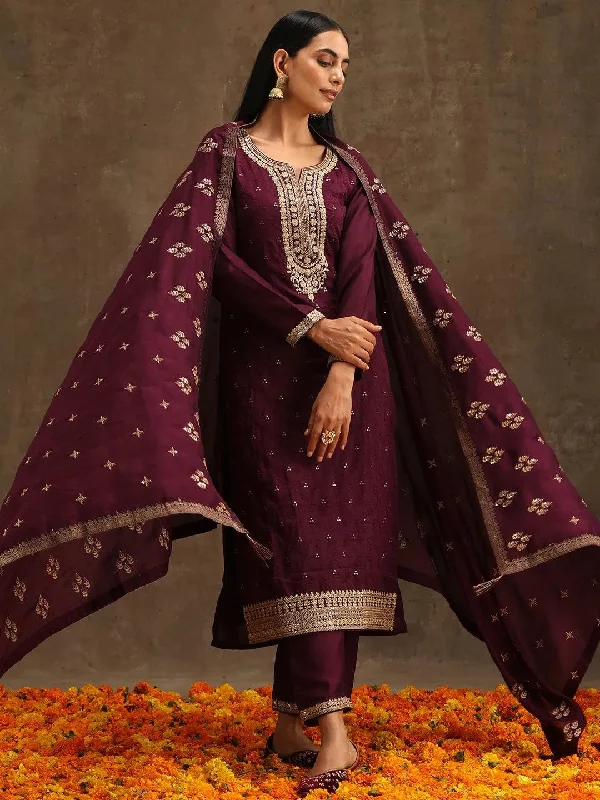 Purple Embroidered Silk Blend Straight Kurta With Trousers & Dupatta Trousers Prom Sequined