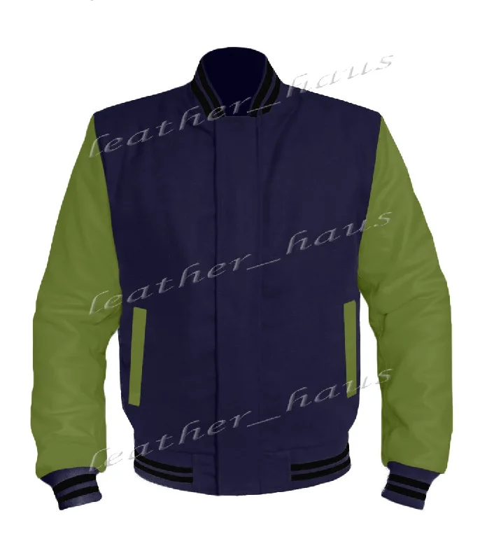 Original American Varsity Green Leather Sleeve Letterman College Baseball Women Wool Jackets #GRSL-BSTR-BZ Tailored Jacket Straight Jacket A-Line Jacket