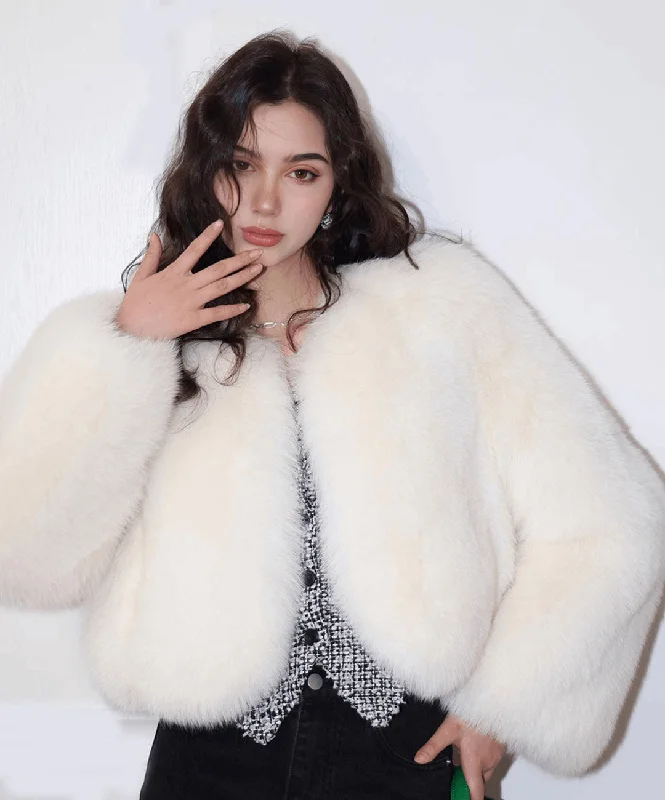 Women's Short Snow Fox Fur Jacket Chenille Fabric Brocade Fabric Lace Fabric