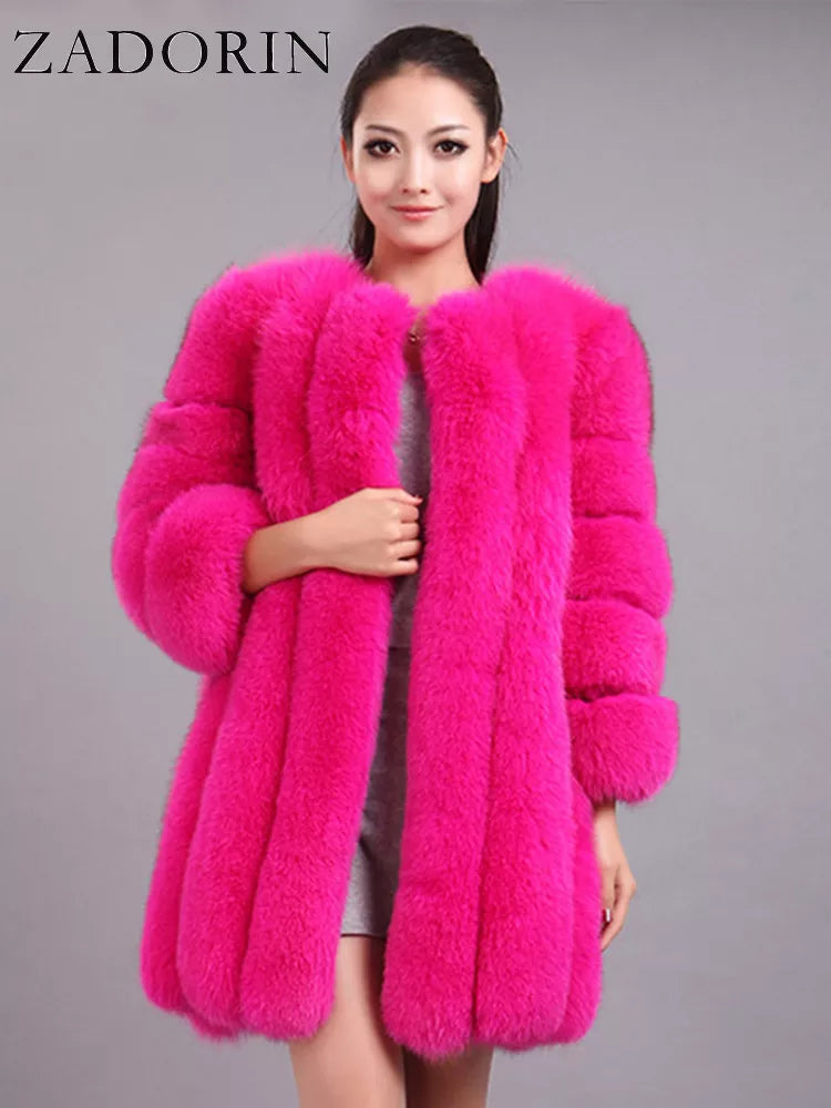 ZADORIN S-4XL Winter Luxury Faux Fox Fur Coat Slim Long Pink Red Blue Faux Fur Jacket Women Fake Fur Coats Manteau Fourrure Herringbone Jacket Checkered Jacket Solid Jacket