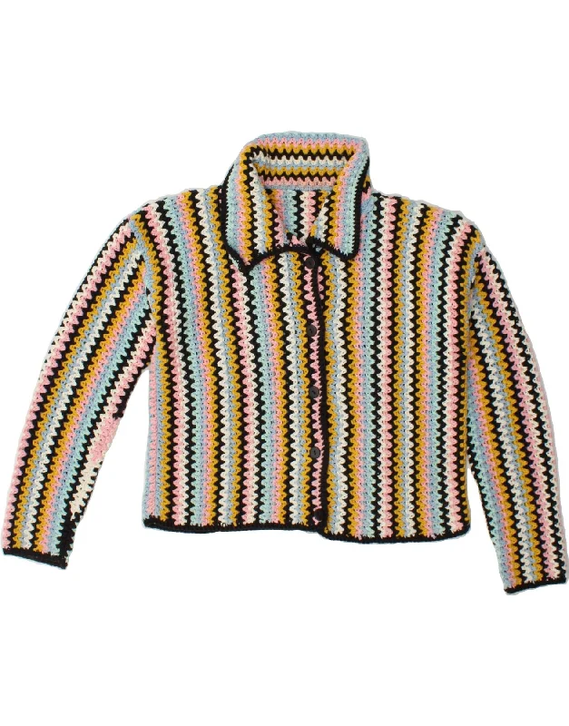 VINTAGE Womens Crop Cardigan Sweater UK 12 Medium Multicoloured Chevron Layered Multi-layer Single Layer