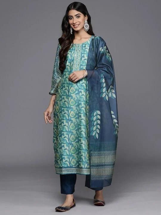 Varanga Sea Green Floral Printed Regular Sequinned Kurta With Trousers With Dupatta Trousers Cargo pockets