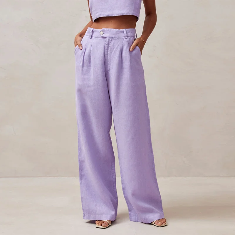 High Waist Solid Color Pleated Linen Pants (3 colors) Casual Plaid Pants