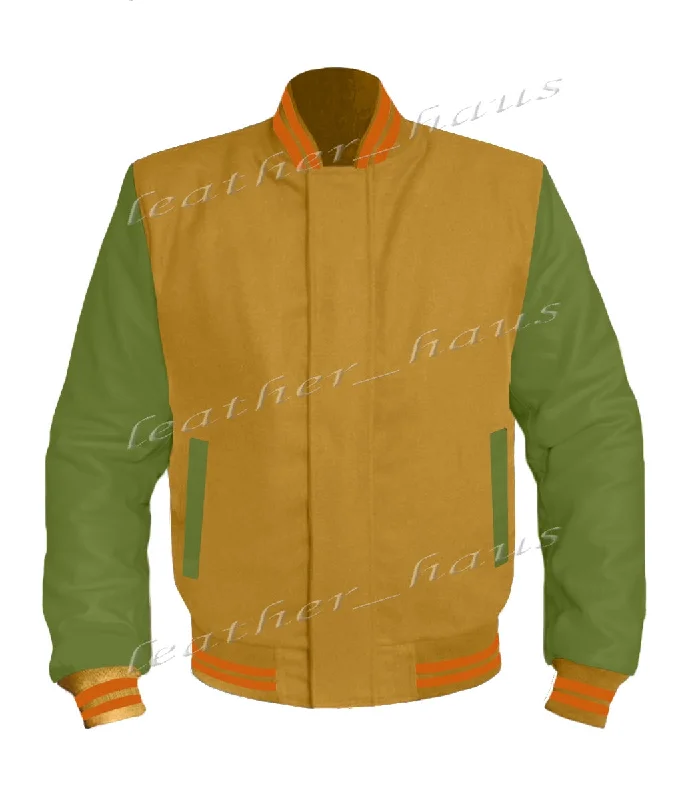 Original American Varsity Green Leather Sleeve Letterman College Baseball Women Wool Jackets #GRSL-ORSTR-BZ Toggled Jacket Drawstring Jacket Belted Jacket