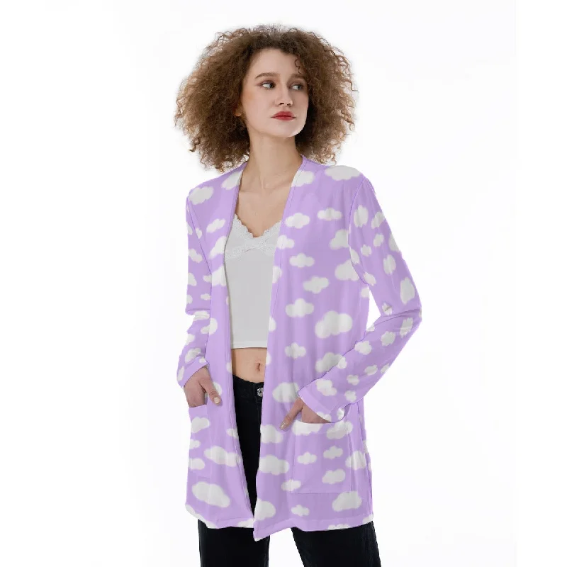 Dreamy Clouds Open Front Lightweight Cardigan With Pockets (Lilac) Jersey Fabric Tulle Fabric Batik Fabric