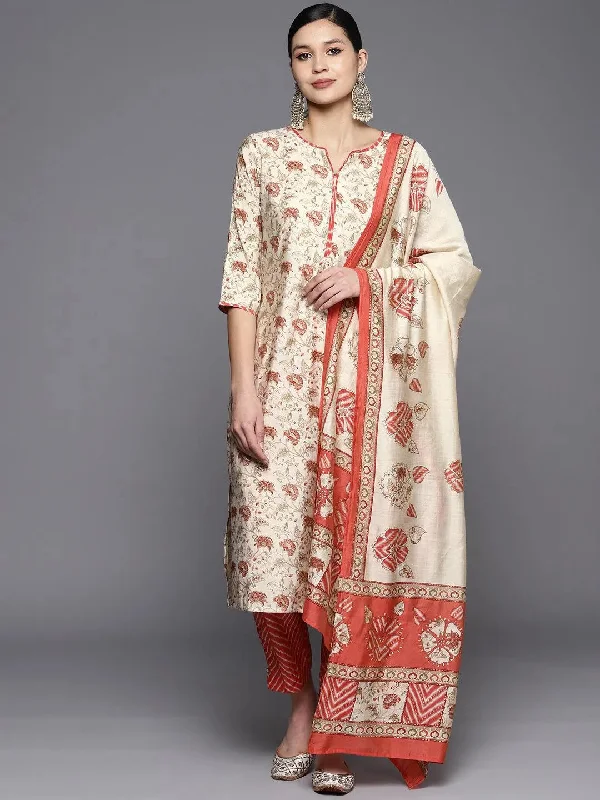 Beige Printed Silk Blend Straight Kurta With Trousers & Dupatta Trousers Culottes Wide Leg