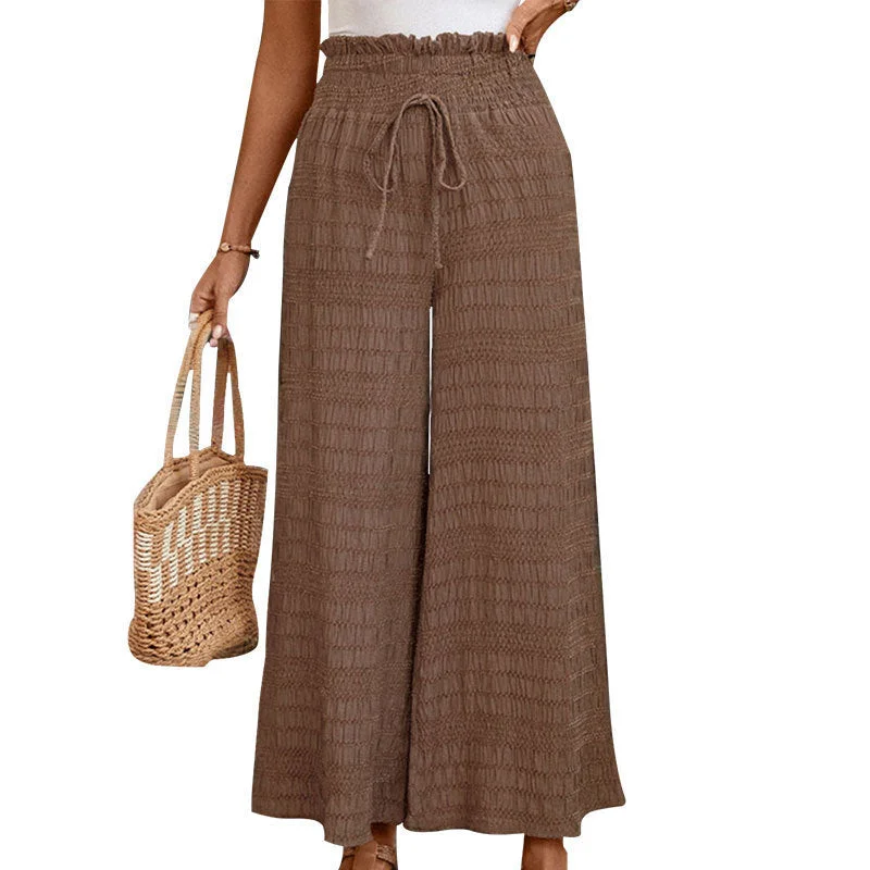 Coffee Brown Printed Wide Leg Pants with Smocked Waistband Stylish Elastic Waist Pants