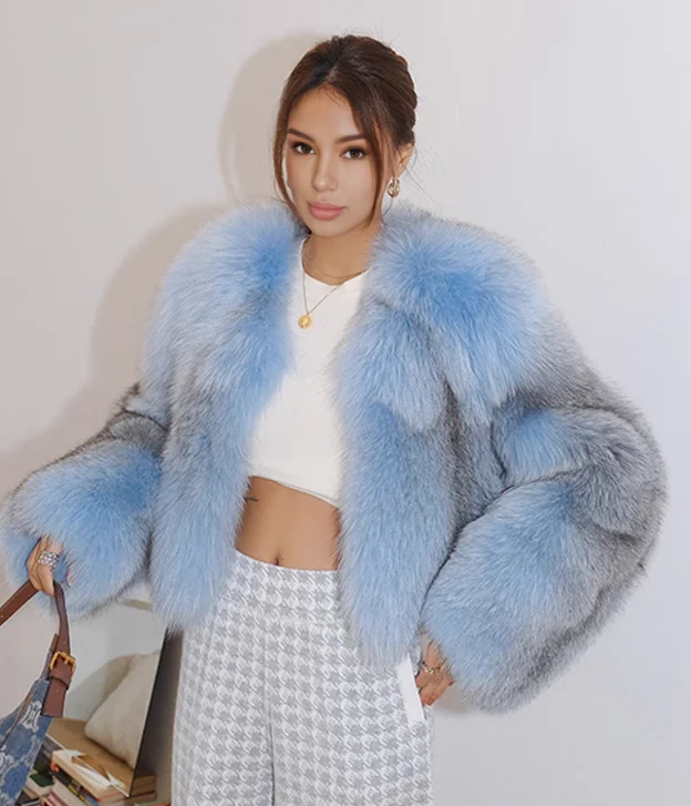 Women’s Baby Blue Fox Fur Jacket Mesh Jacket Canvas Jacket Denim Jacket