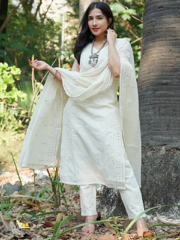 Off-White Embroidered Cotton Straight Kurta With Trousers & Dupatta Trousers versatile functional