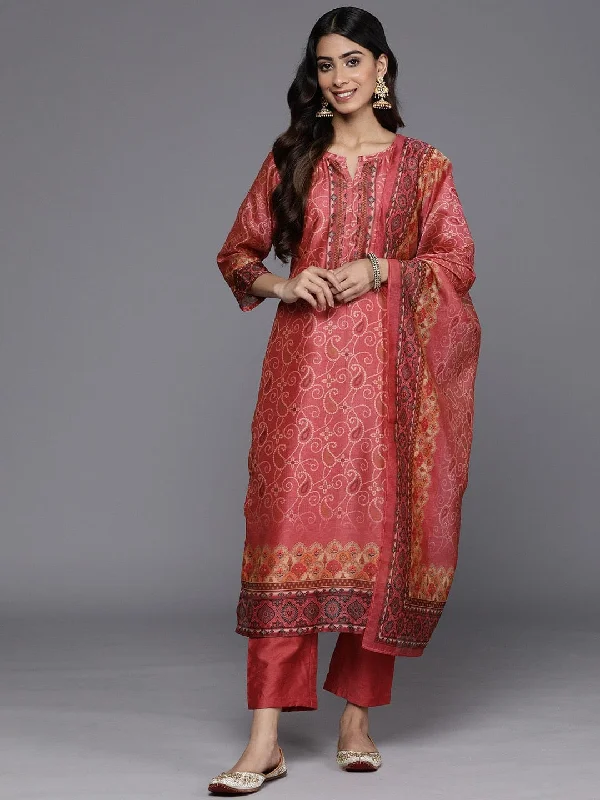 varanga-pink-bandhani-printed-regular-chanderi-silk-kurta-with-trousers-with-dupatta Trousers Print Floral